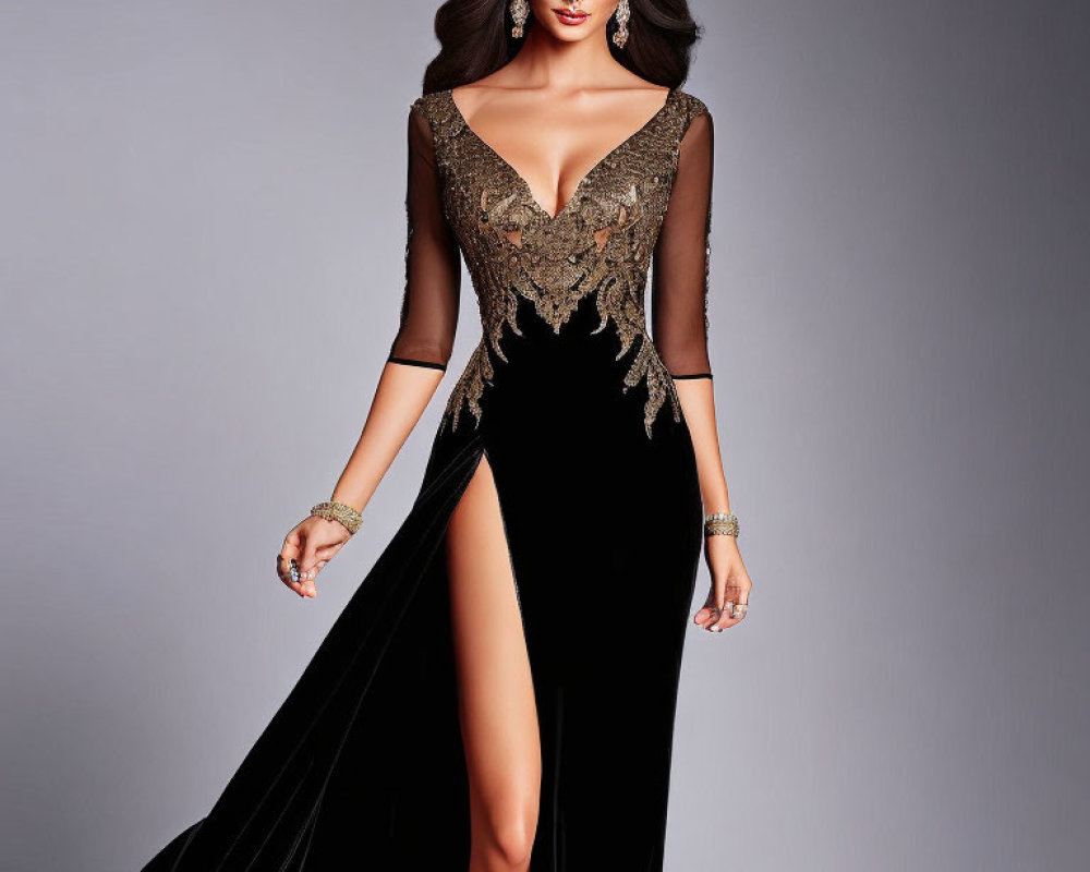 Elegant Black Evening Gown with High Slit and Gold Embroidery