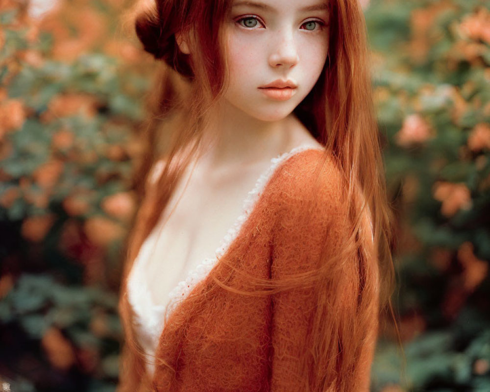 Young woman with red hair in orange sweater against floral backdrop