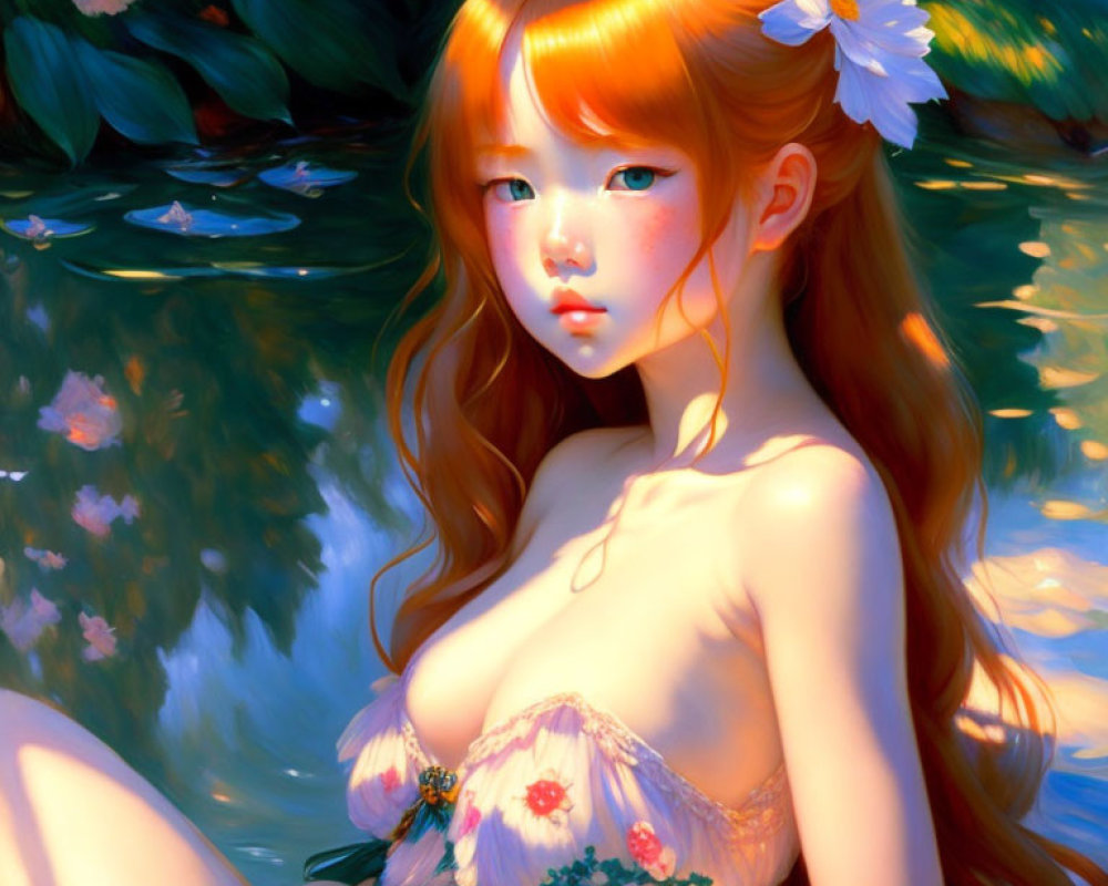 Digital artwork: Young woman with orange hair and blue eyes by serene pool