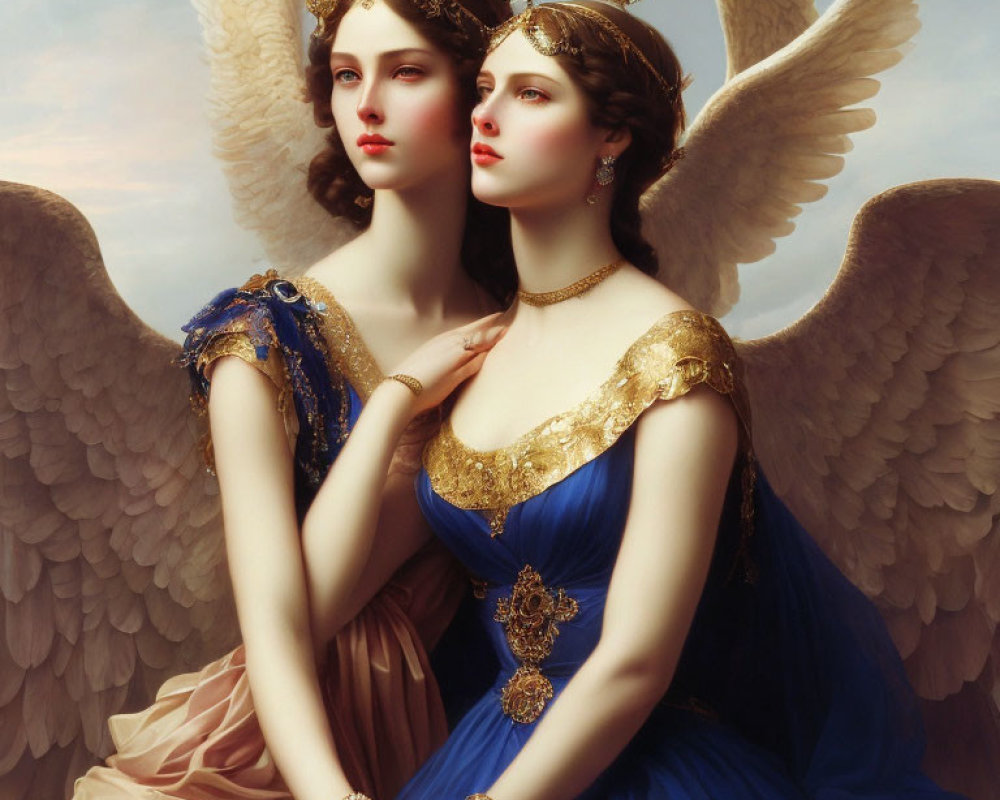 Two women in angelic wings and elegant dresses, one blue, one beige, with golden jewelry,