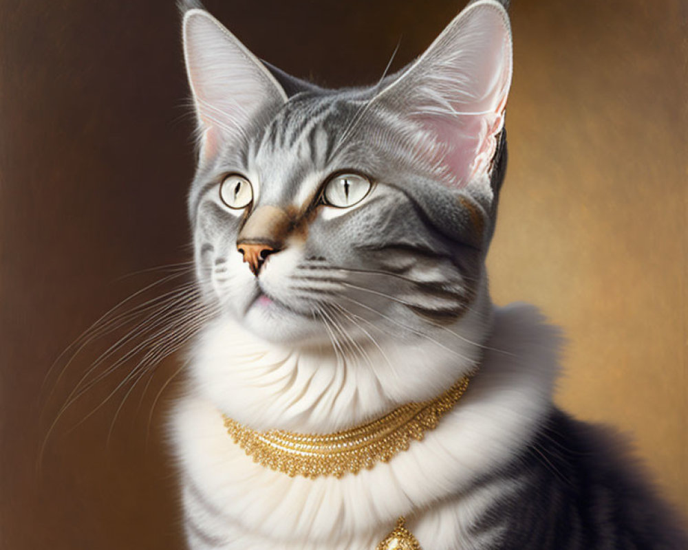 Gray Tabby Cat Wearing Gold Necklace on Tan Background