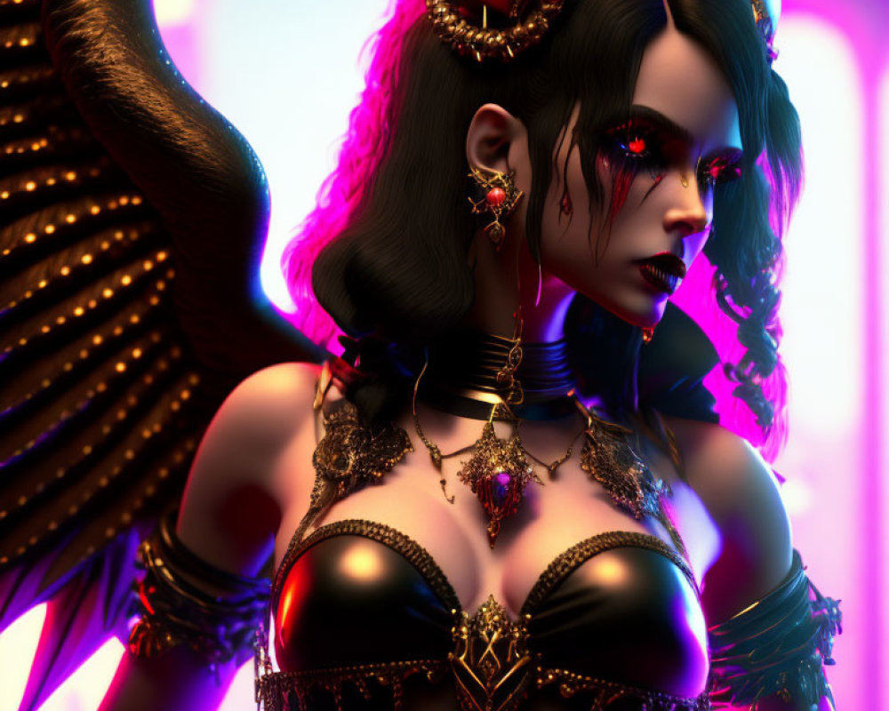 Fantastical female character with dark horns and red eyes in ornate jewelry and black bodice on
