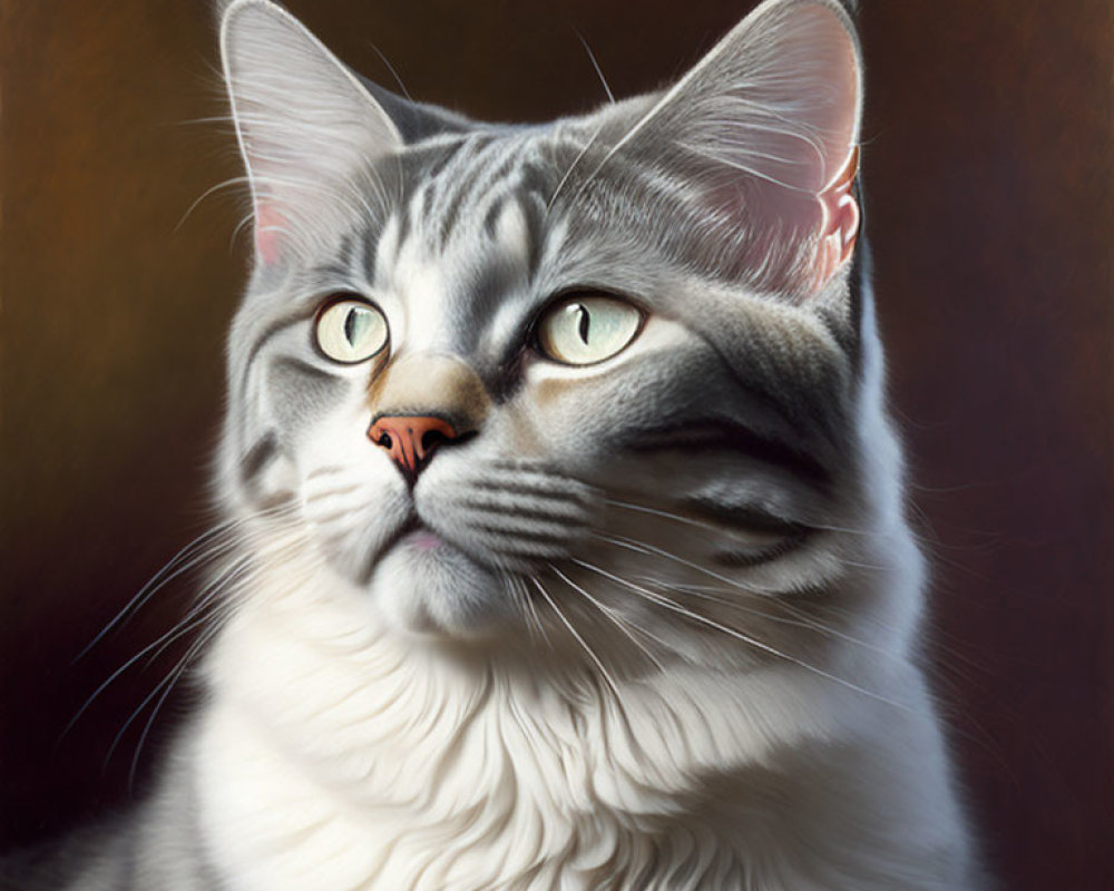 Gray Tabby Cat with Green Eyes and White Mane on Dark Background