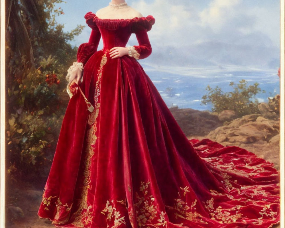 Elaborate red and gold-trimmed dress with long train on woman against landscape background