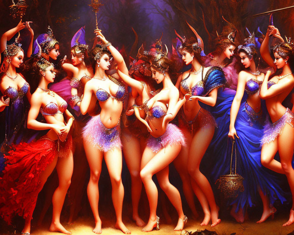 Ethereal women in blue and purple costumes dancing in mystical forest