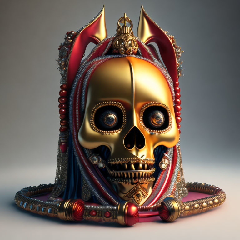 Ornate golden skull with regal red and blue headgear and jewelry