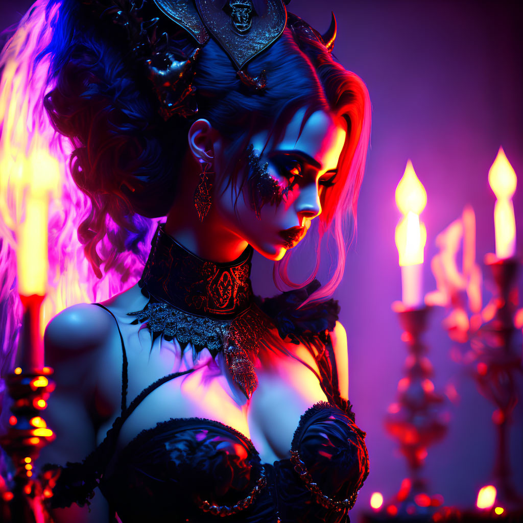 Digital artwork: Woman in gothic makeup and attire, surrounded by candlelight and ethereal purple and
