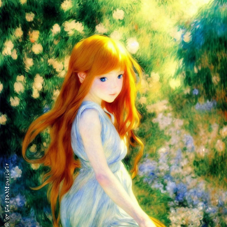Girl with Long Orange Hair in Blue Dress Surrounded by Sunny Floral Landscape