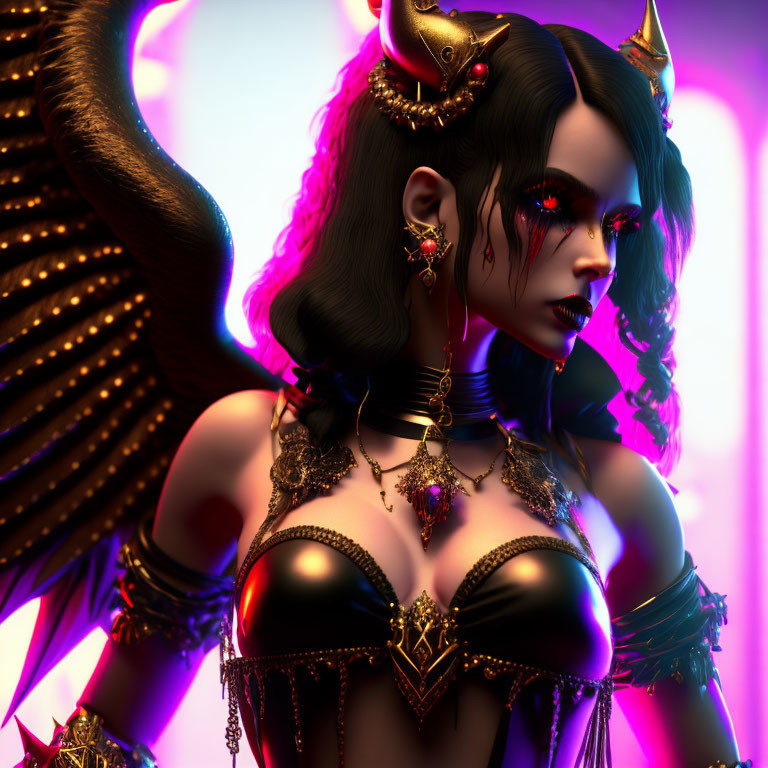 Fantastical female character with dark horns and red eyes in ornate jewelry and black bodice on