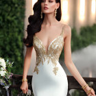 Sophisticated woman in white and gold evening gown with bouquet, opulent jewelry, and elegant hairstyle
