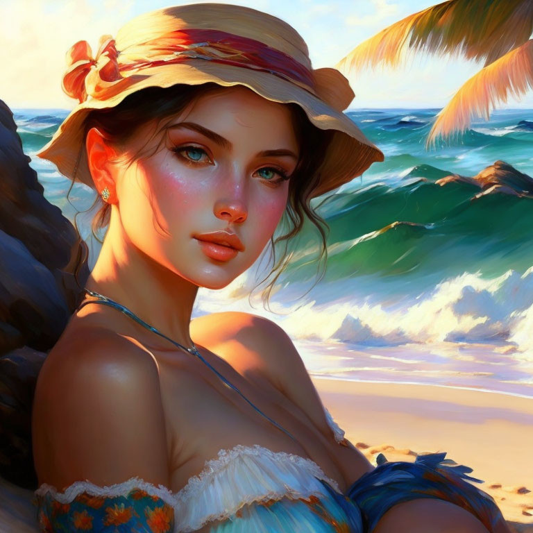 Young woman with sunhat by the sea, vibrant blue eyes, tropical background