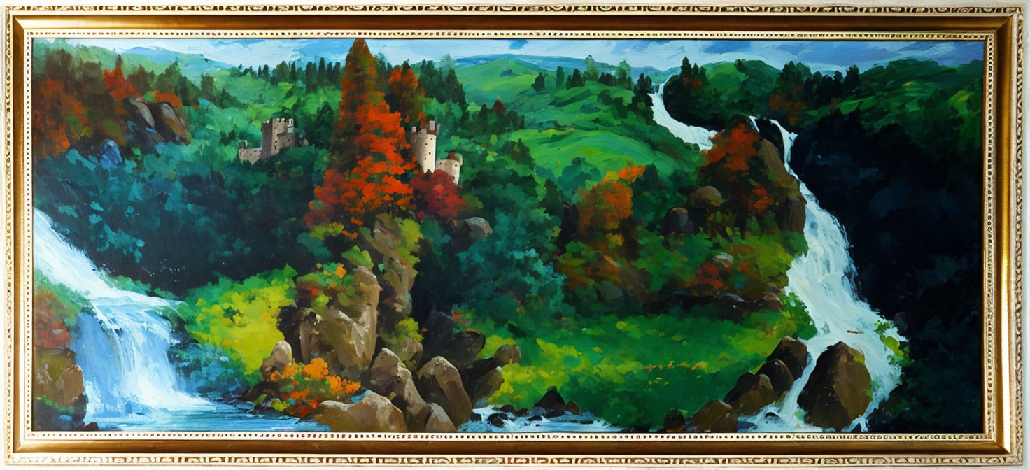 Landscape painting: Waterfall, river, lush trees, castle.