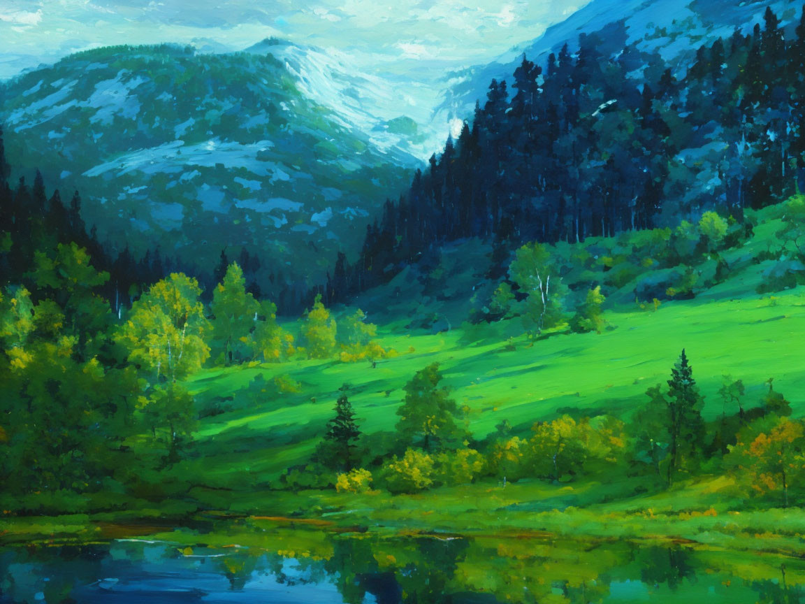 Colorful landscape painting with green scenery, mountain, trees, and water.