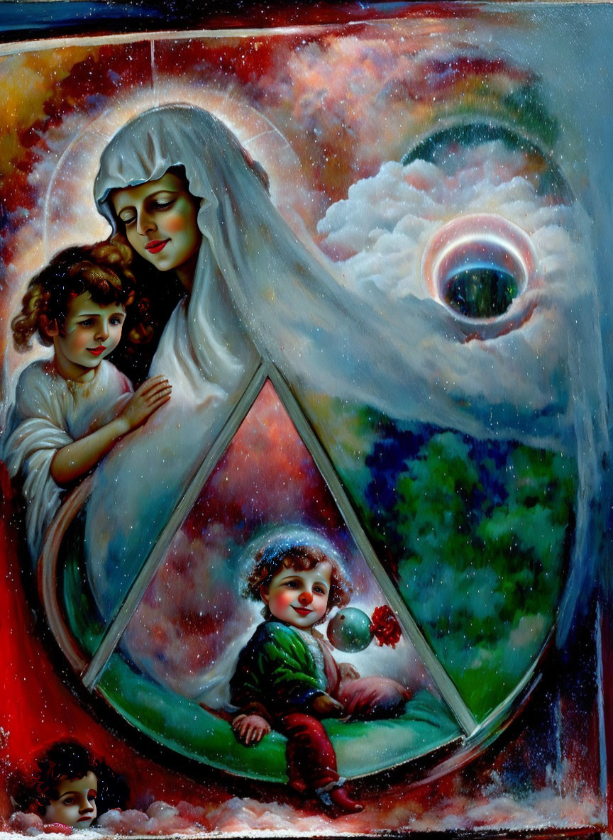 Veiled woman and children in celestial-themed painting.