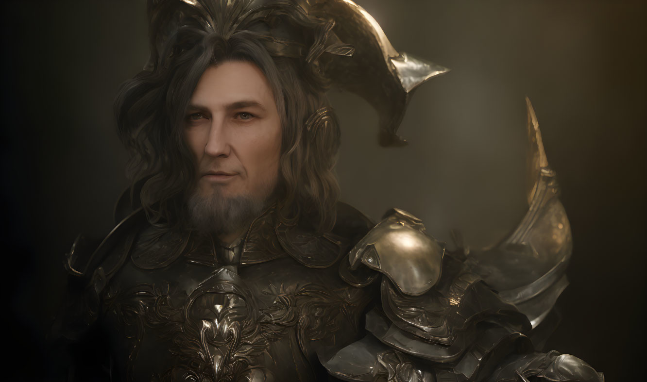 Long-haired man in ornate armor gazes pensively against dark backdrop