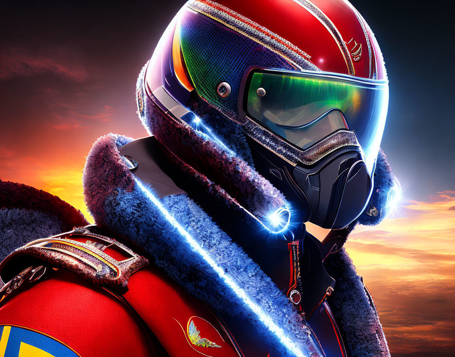 Futuristic glowing helmet and reflective visor with blue-trimmed red jacket in dramatic setting