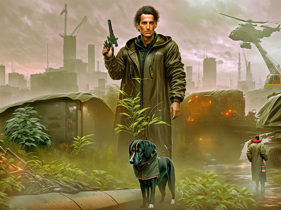 Man with gun in dystopian setting with dog, helicopter, and ruins.