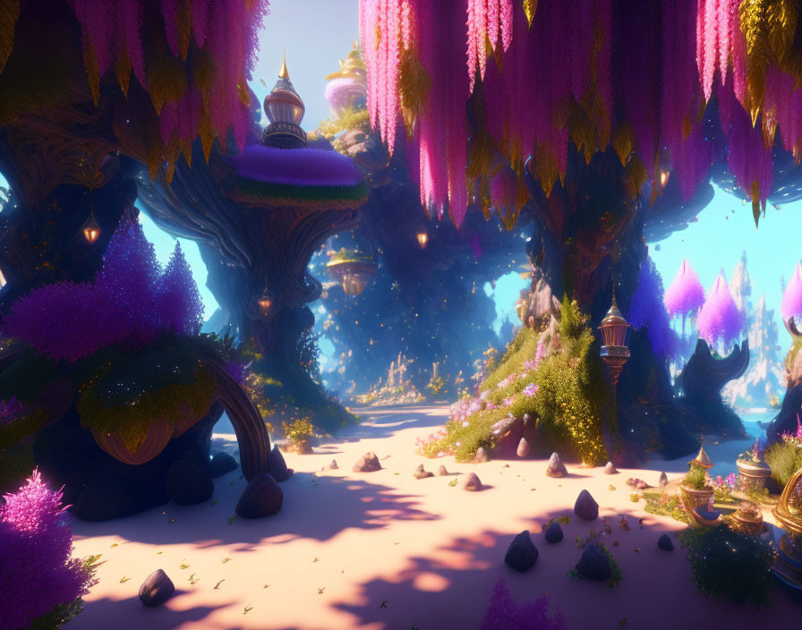 Vibrant purple and pink mystical forest with glowing particles and lantern-like structures