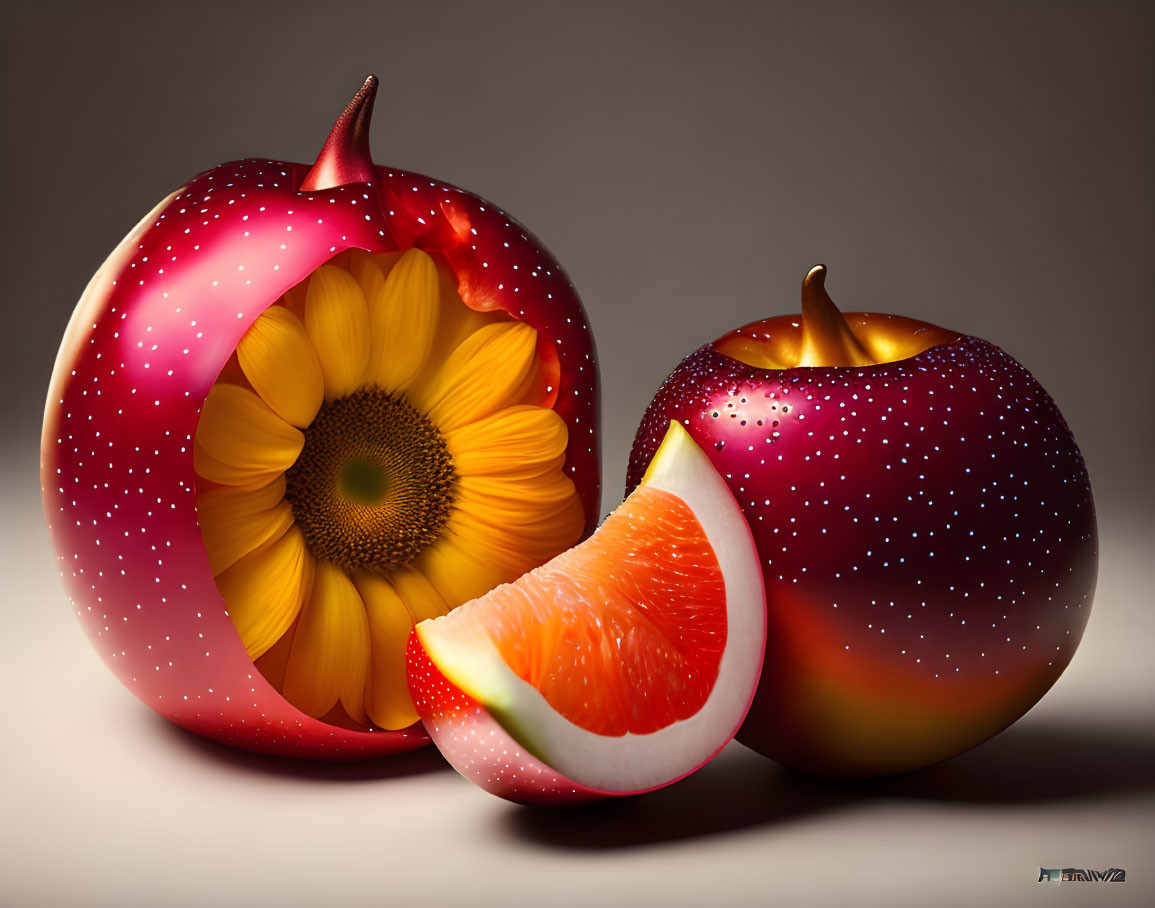 Stylized apples with glossy finish: whole with flower center and sliced showing orange-like interior