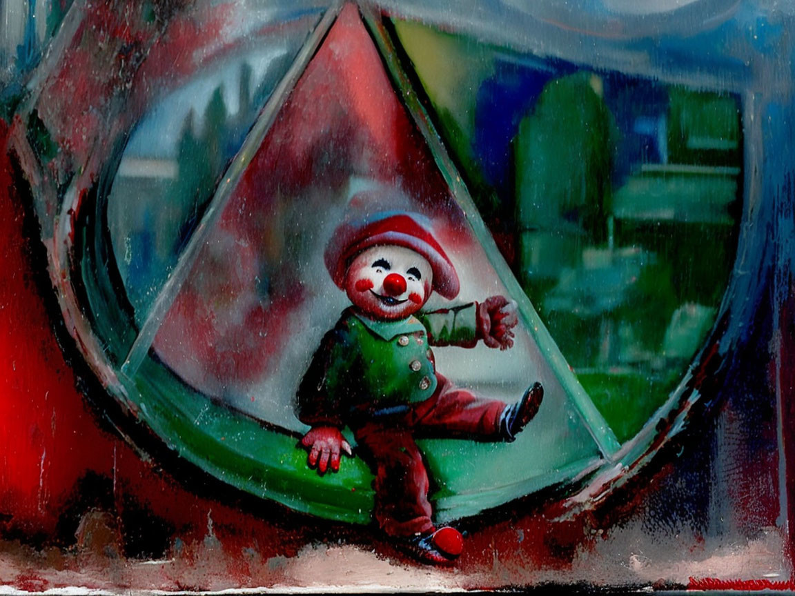 Colorful Clown Painting in Red and Green Attire within Triangular Frame
