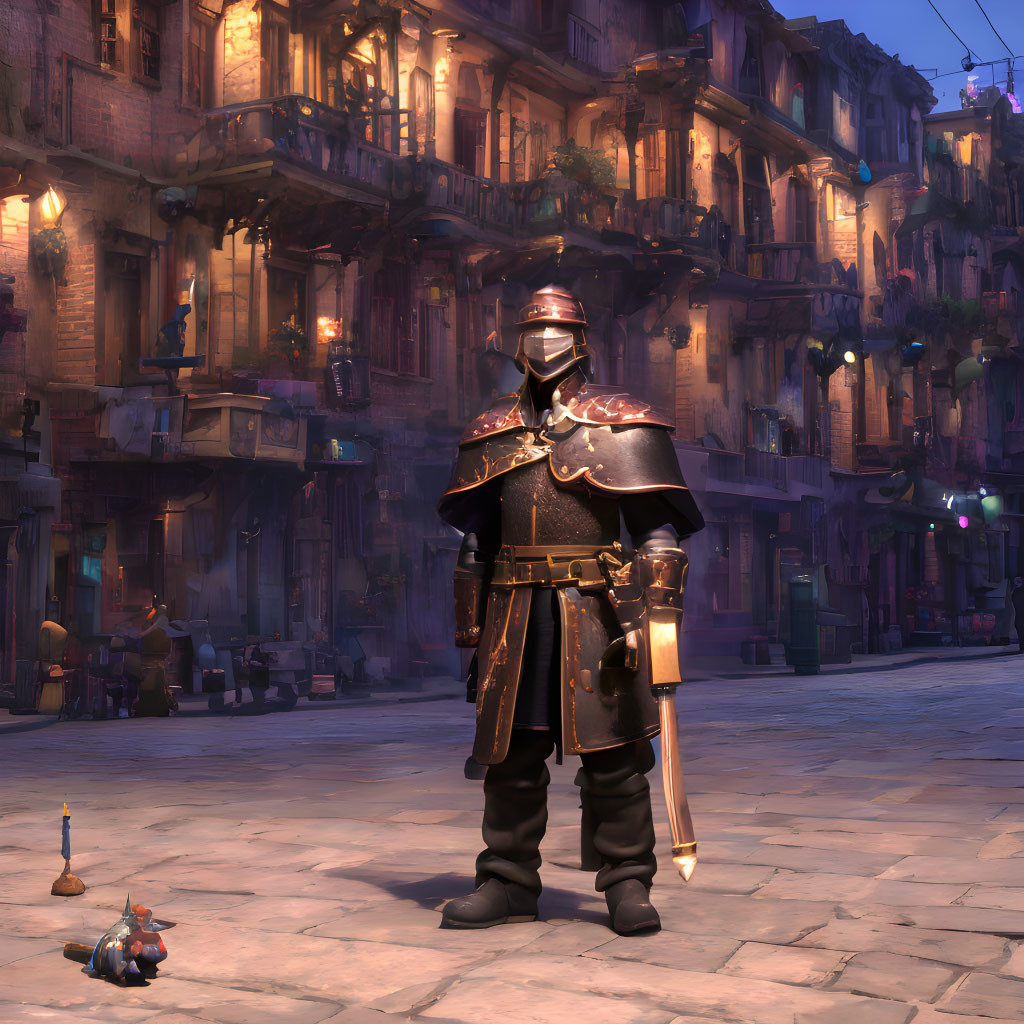 Knight in black armor with small robot in medieval fantasy street