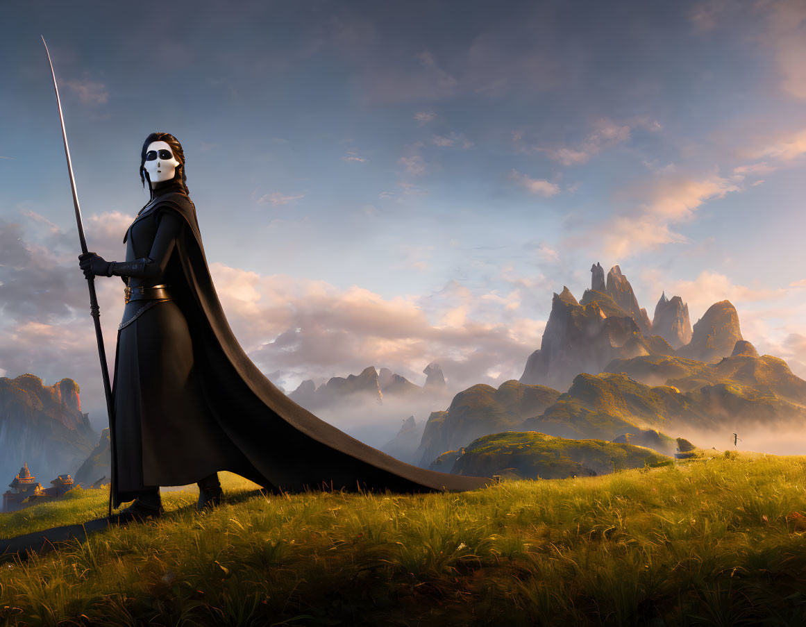 Masked Figure in Black Robes with Sword on Grassy Terrain and Sunset Sky