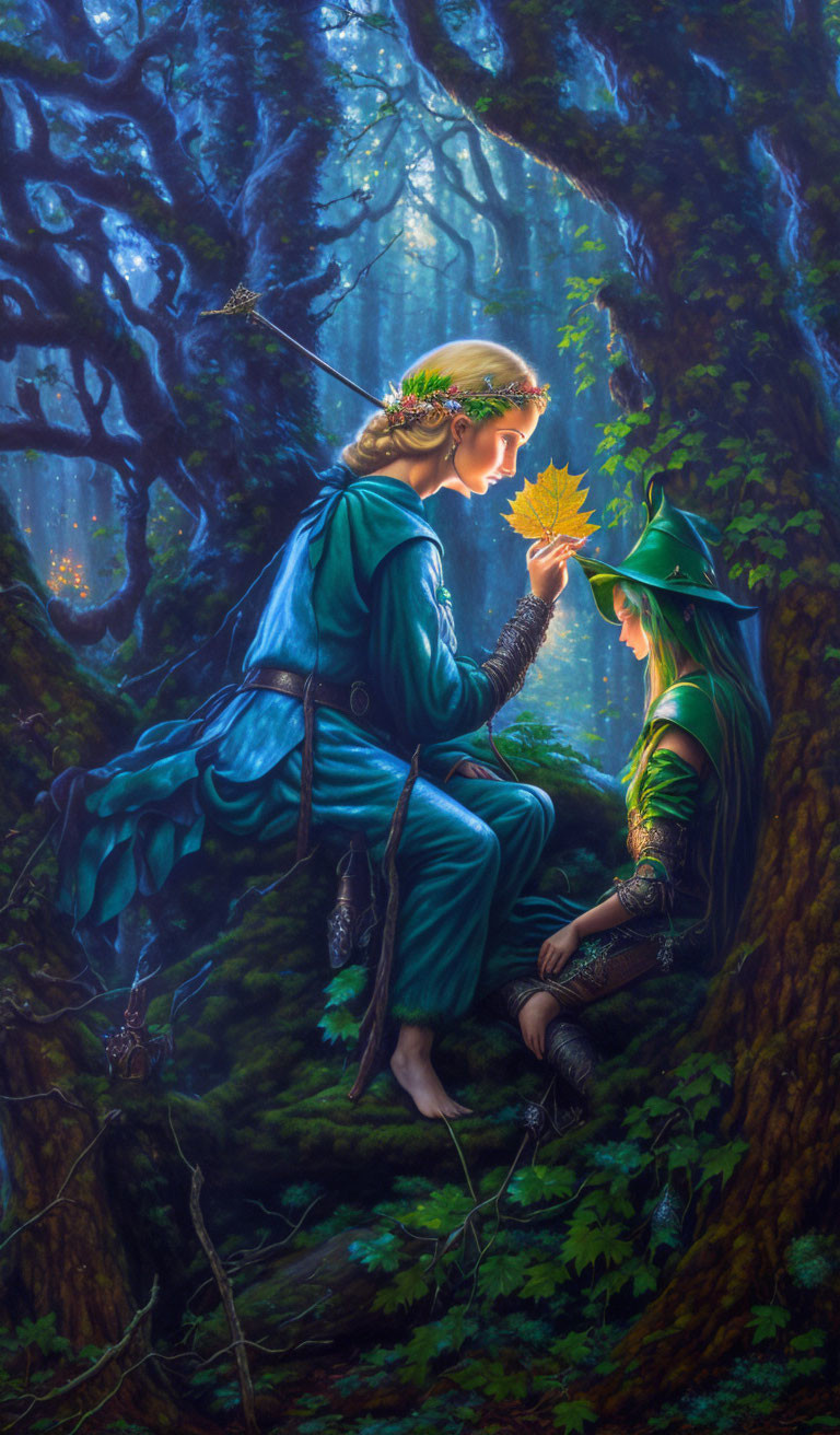 Elves exchanging glowing leaf in mystical forest