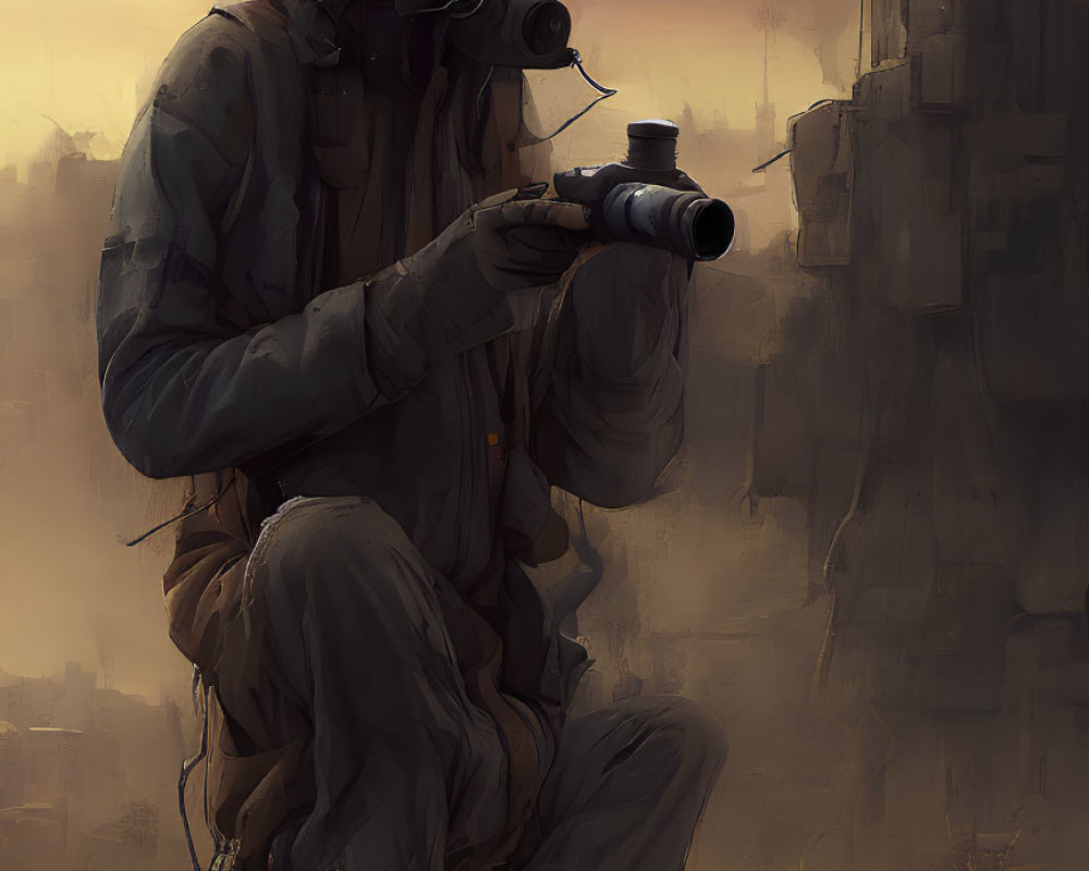 Figure in Gas Mask and Hood with Binoculars in Dystopian Setting at Dusk