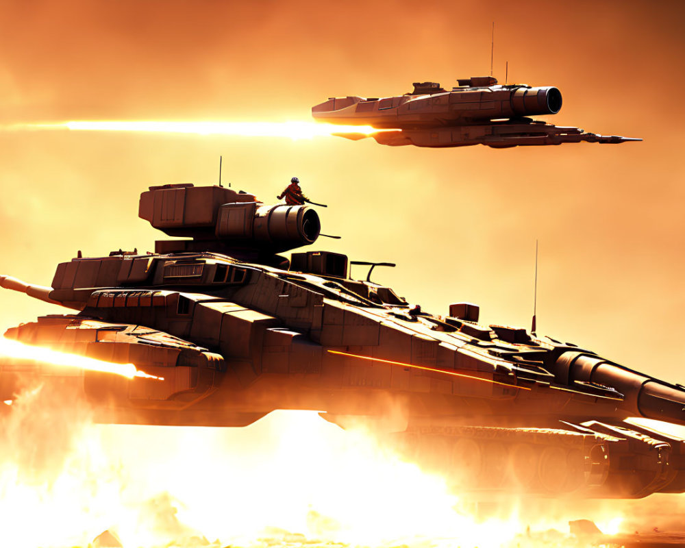 Futuristic battle scene with tanks, person, explosions, and warship in orange sky