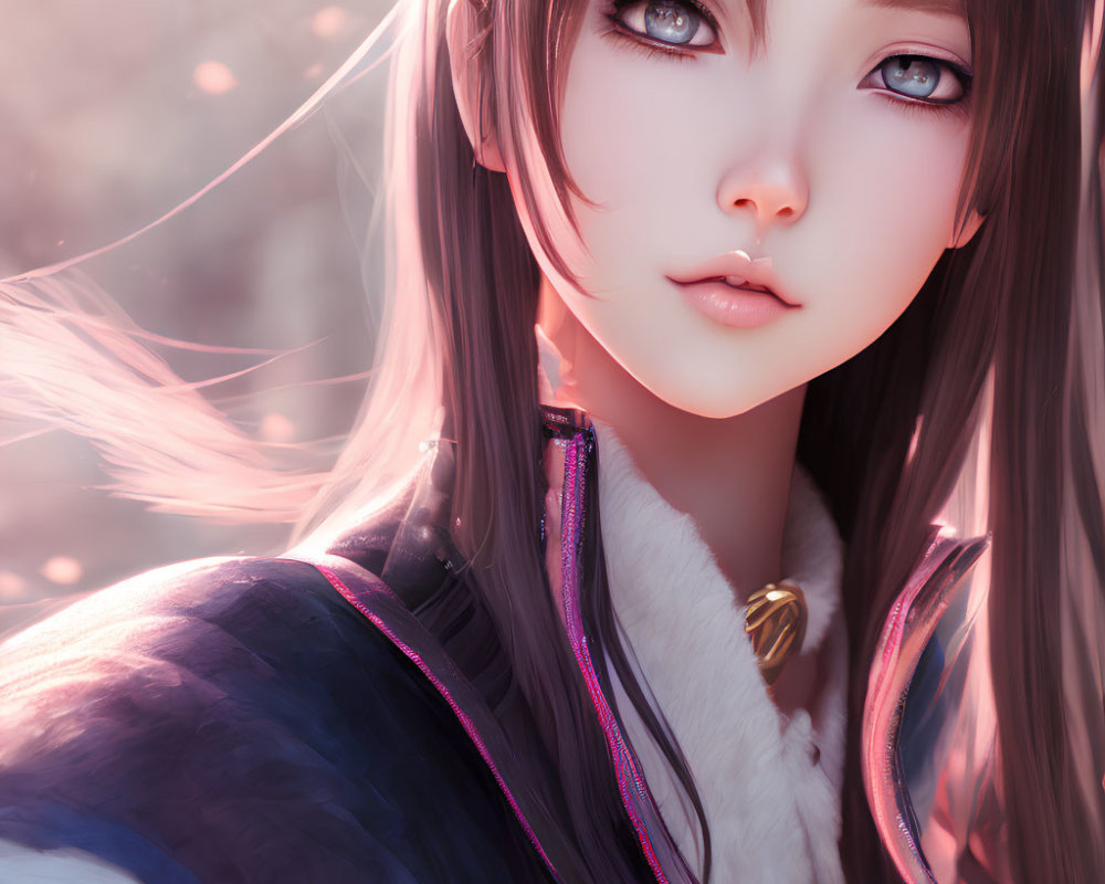 Illustrated female character with long brown hair and expressive eyes in modern jacket under pink light