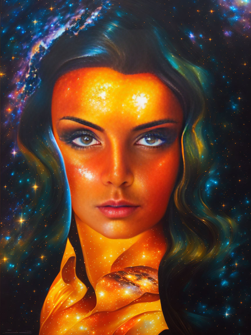 Cosmic-themed portrait of a woman blending into vibrant starscape