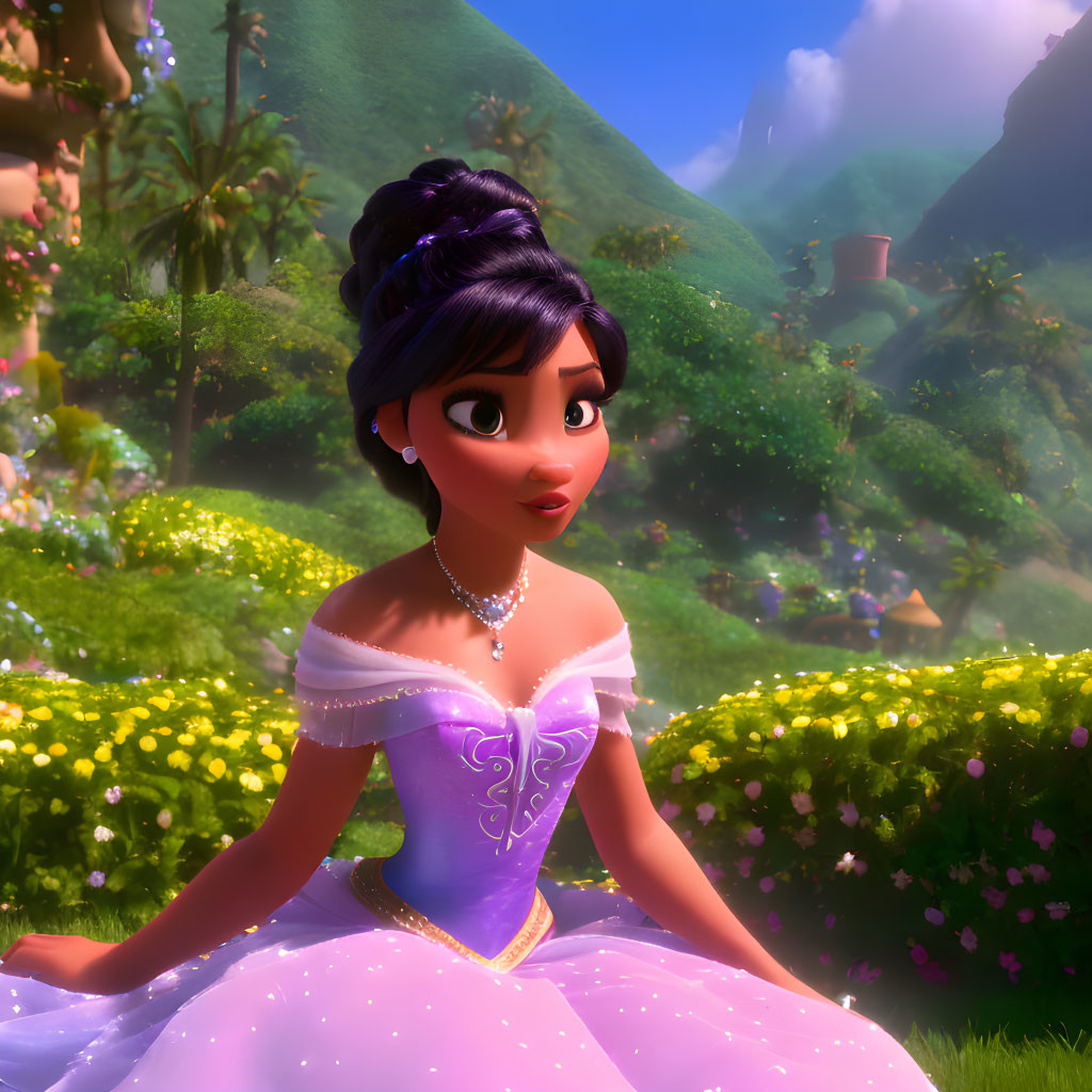 Animated Princess in Purple Dress and Updo Hairstyle in Sunlit Garden