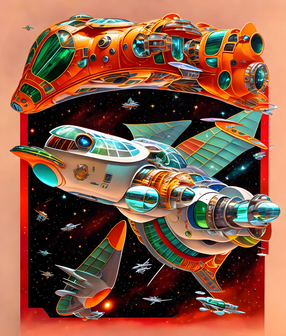 Retro-futuristic spaceships in orange and green in star-filled space
