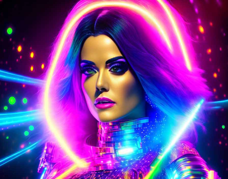 Colorful digital artwork: Woman in futuristic attire with neon lights on multicolored background