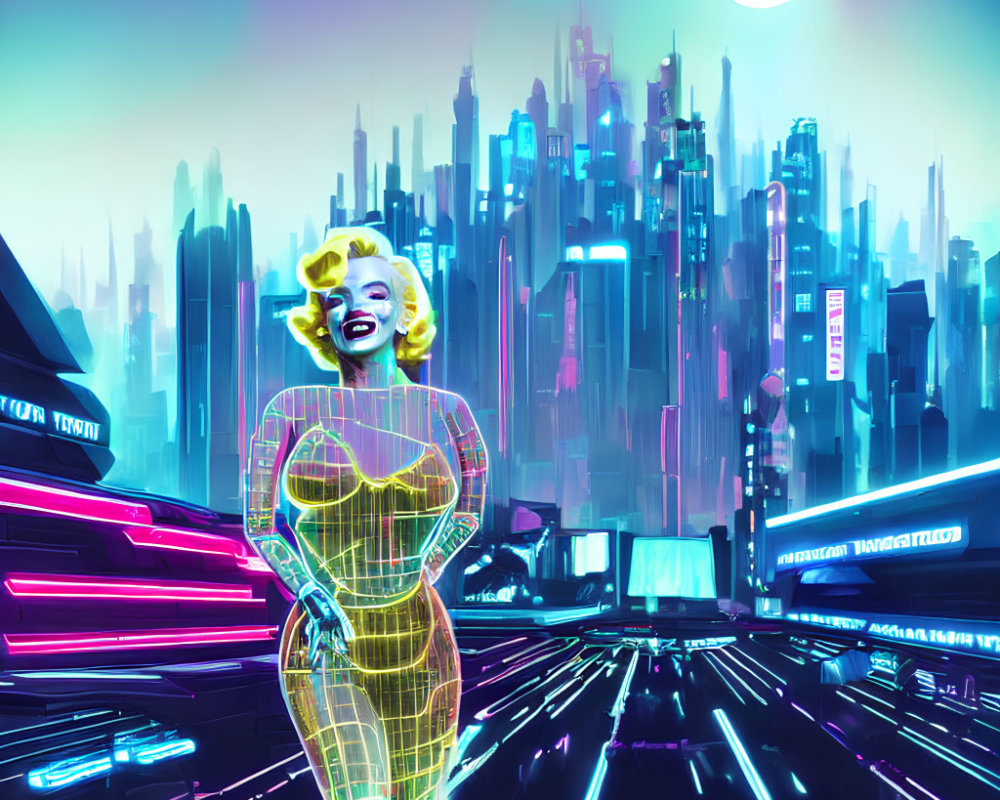 Futuristic cyberpunk cityscape with neon hologram and moonlit streets