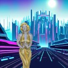Futuristic cyberpunk cityscape with neon hologram and moonlit streets