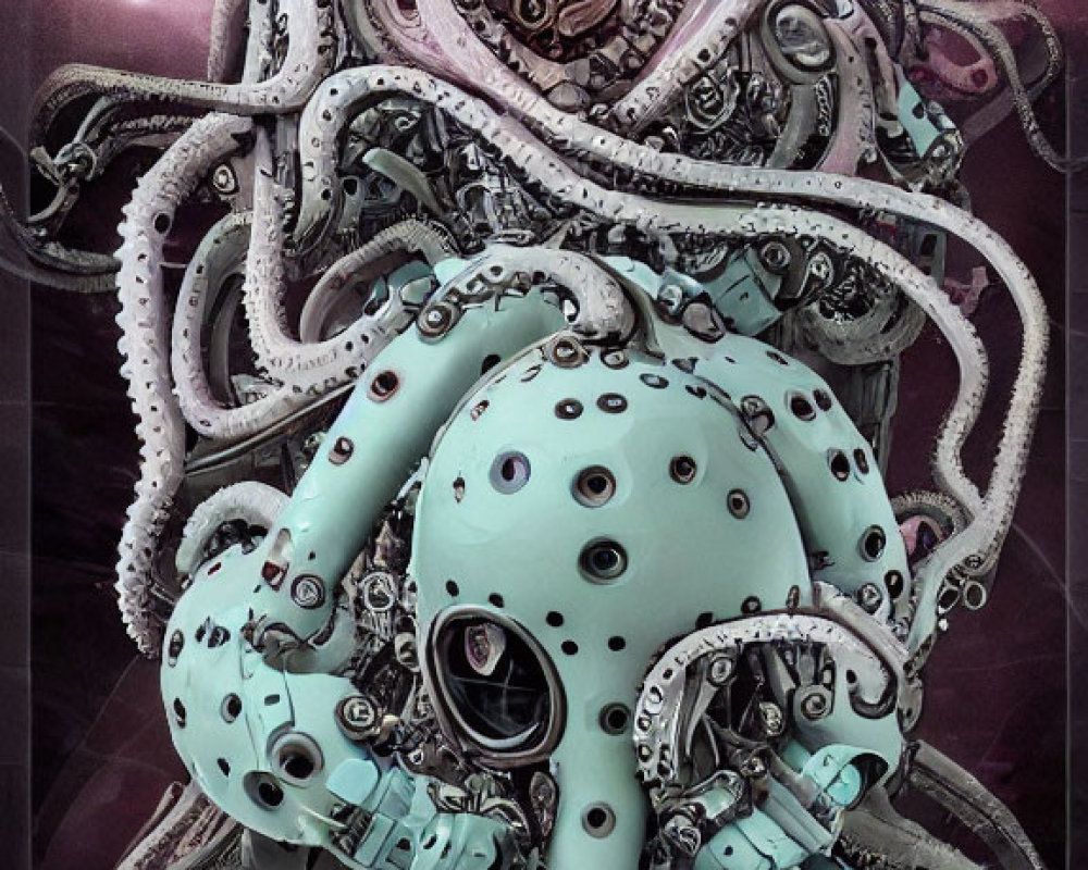 Surreal robotic octopus with intricate mechanical parts on dark backdrop