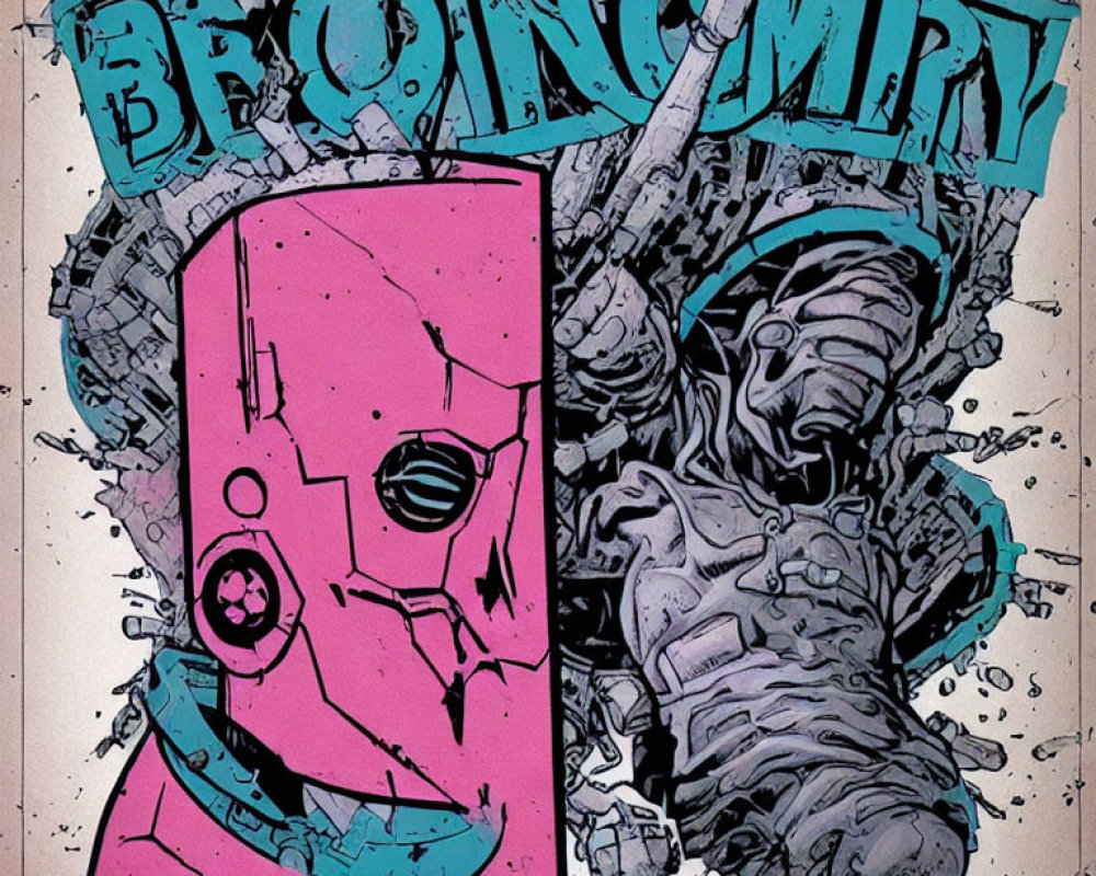 Colorful comic book cover with "BROKENMRY" title, pink robotic head, and