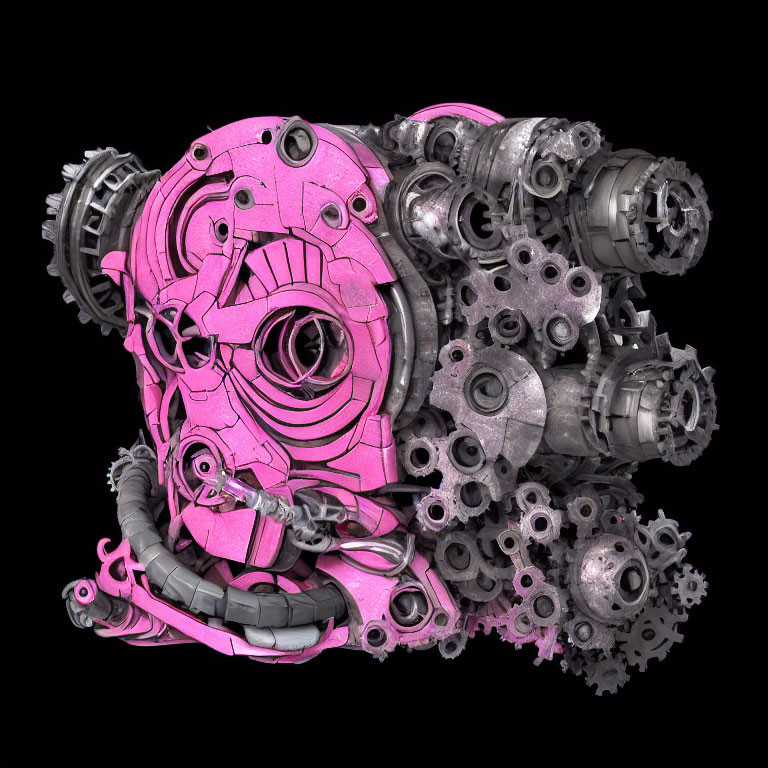 Pink and Grey Abstract Art with Mechanical Elements on Black Background