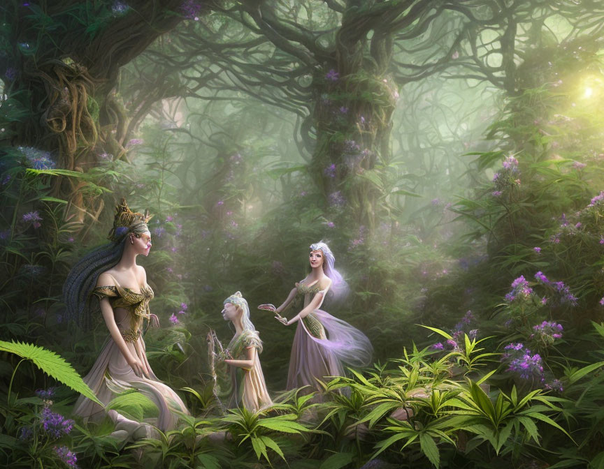 Ethereal women in mystical forest with lush greenery