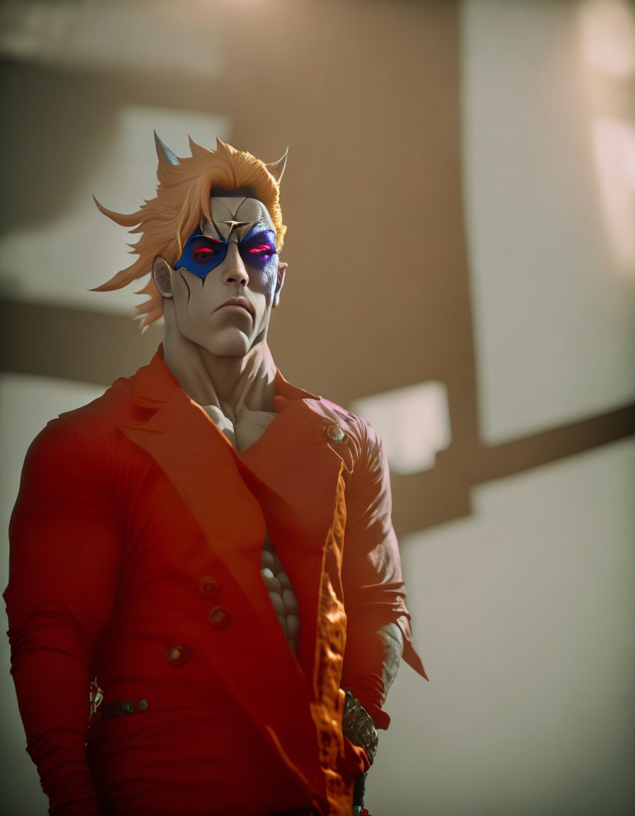 Stylized character with orange hair and sunglasses in red jacket against architectural backdrop