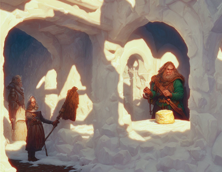Three warriors in snow-laden ice cave: one vigilant, one with a map, one with a