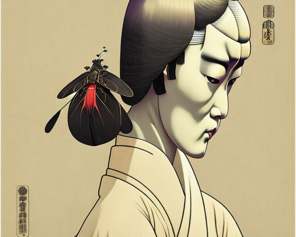 Japanese ukiyo-e style illustration of character with traditional makeup and attire and stylized insect