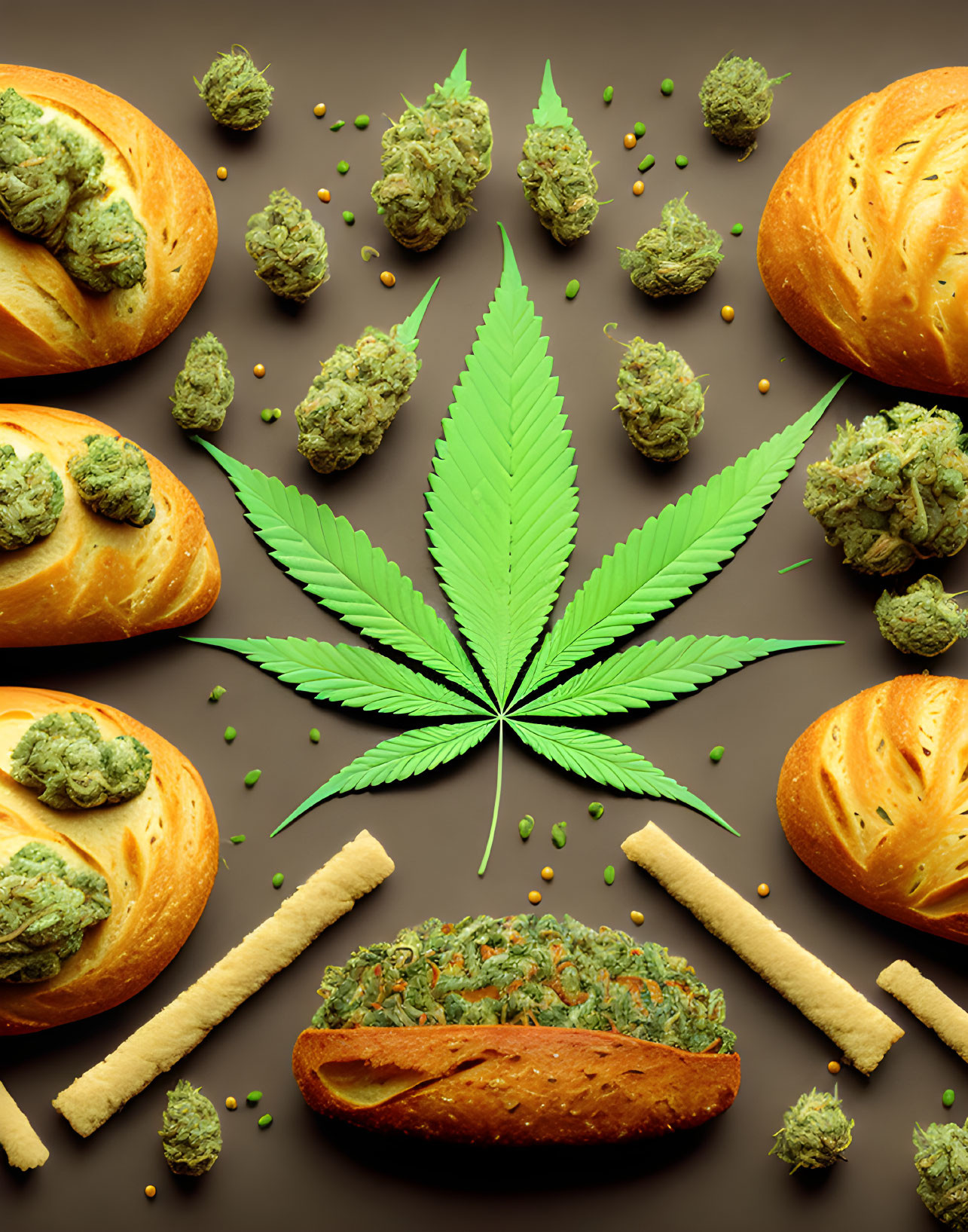 Freshly Baked Bread Loaves Display with Cannabis Leaf, Buds, and Joints