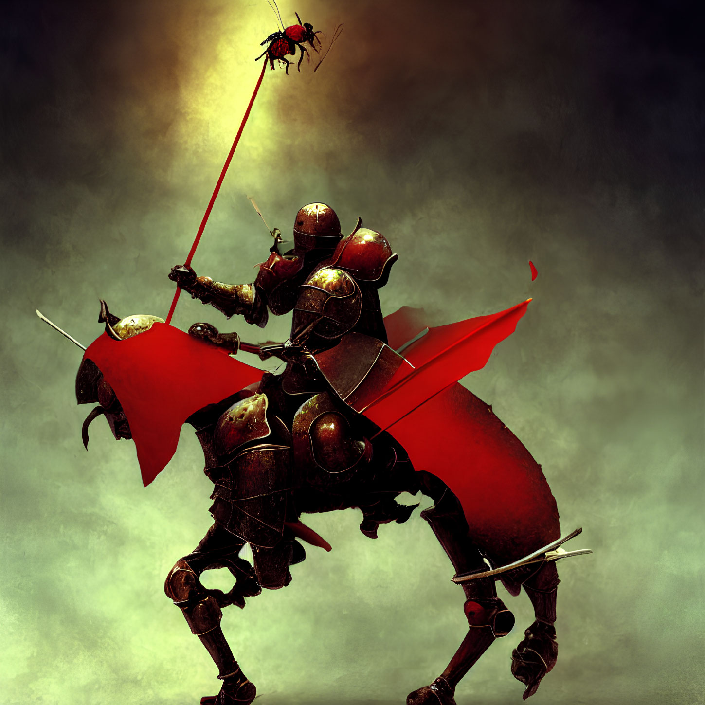 Dark-armored knight battles giant beetle under yellow sky
