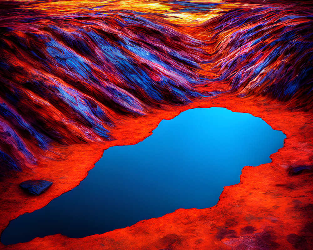 Digitally altered landscape with fiery red and blue colors and surreal terrain.