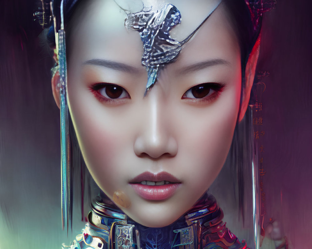 Futuristic woman with cyborg enhancements and red eyes on dark background
