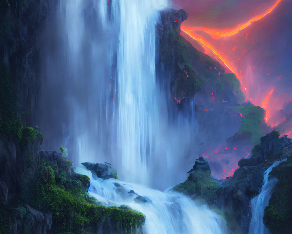 Majestic waterfall over lush cliffs under fiery sky
