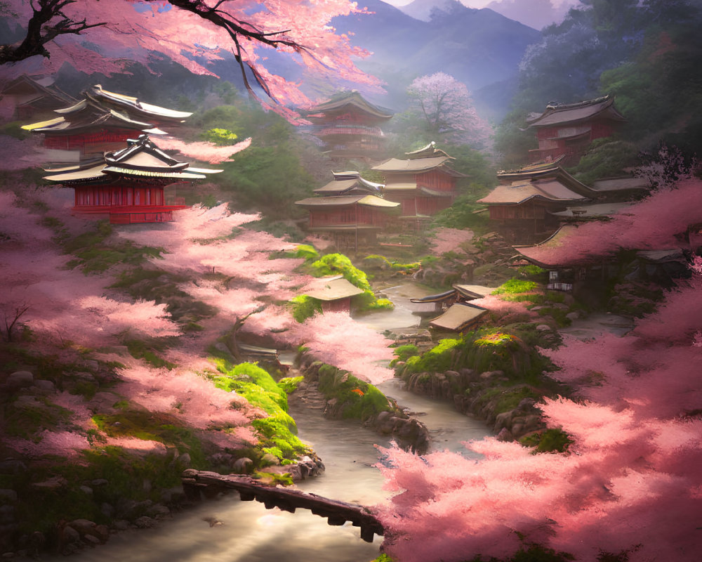 Scenic Japanese village with red buildings, cherry blossoms, river, and mountains