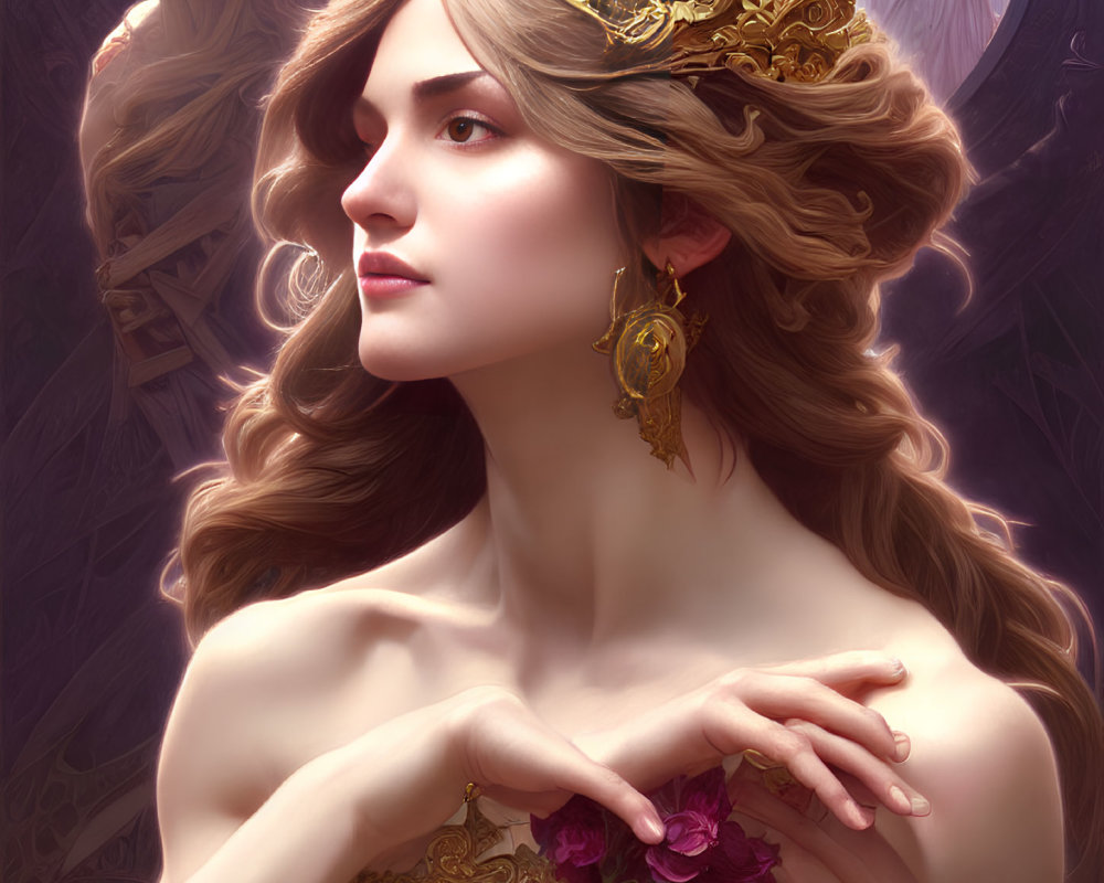 Illustrated woman with flowing hair and golden crown holding purple flowers in mystical setting